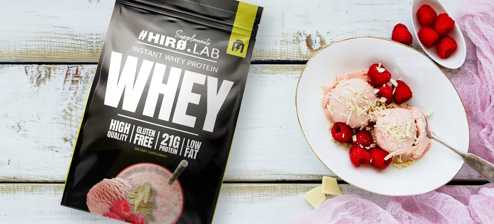 Protein supplement HIRO.LAB WPC powder 750g taste white chocolate - raspberry Expiration date at least 1 year from the date of purchase
