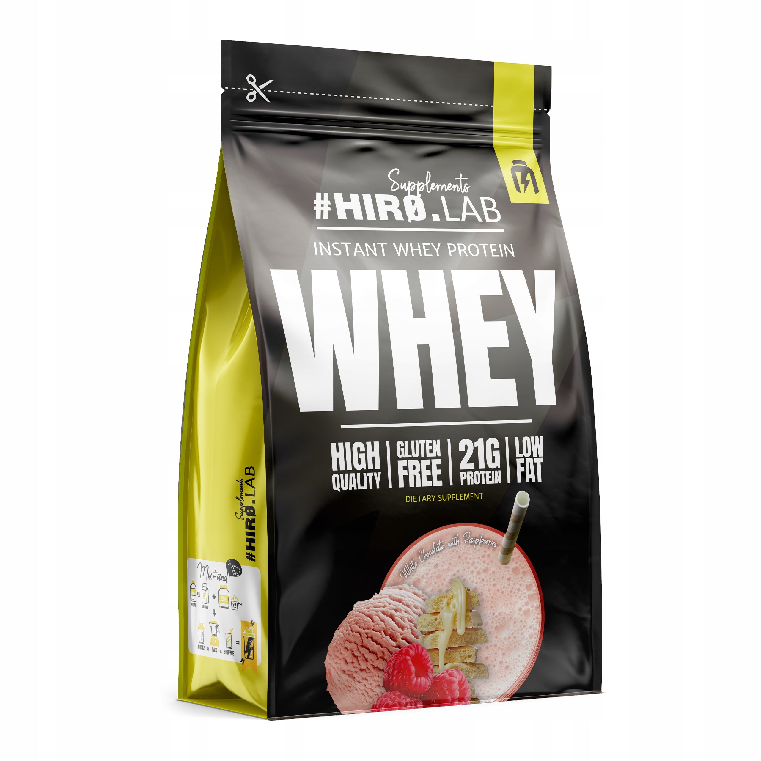 Protein supplement HIRO.LAB WPC powder 750g taste white chocolate - raspberry