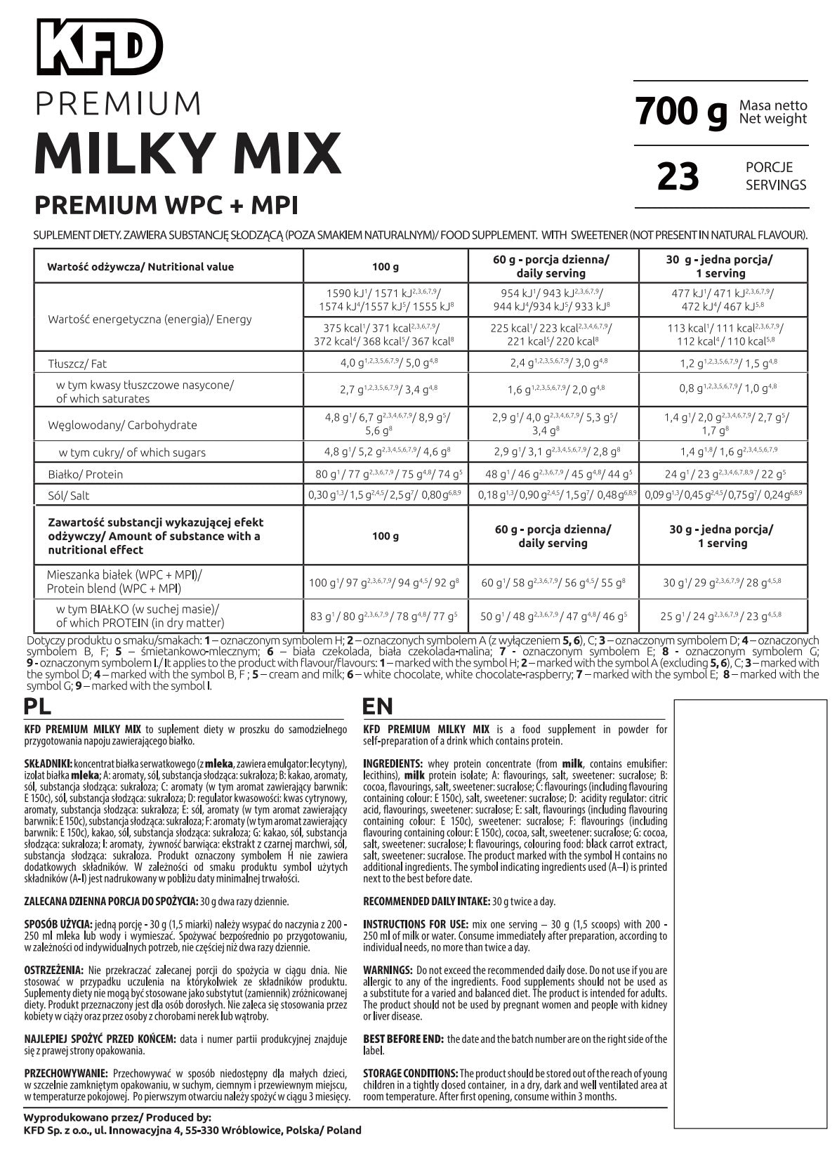 Protein supplement KFD Milky Mix 700g PISTACHIO flavour Packaging status original