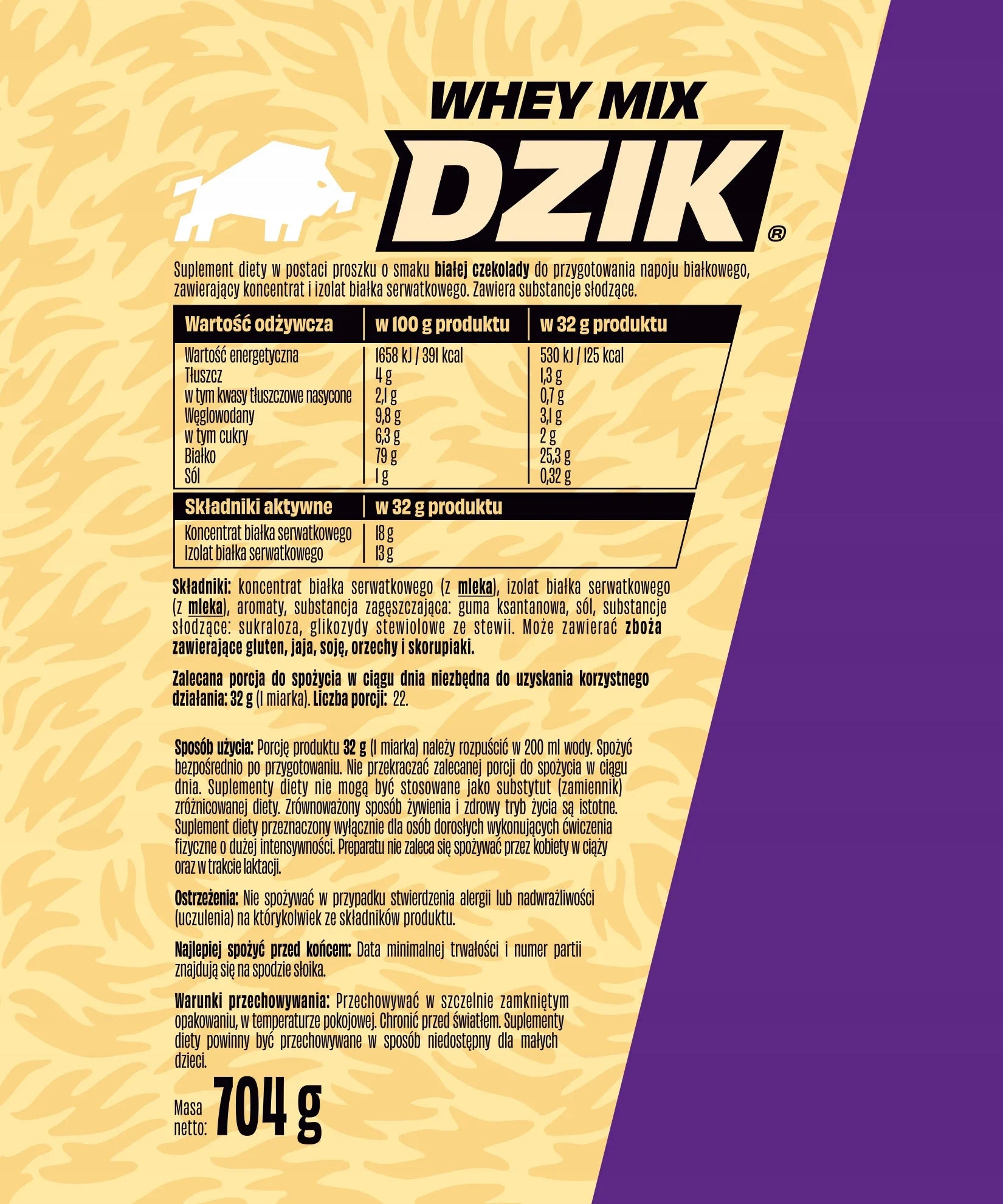 Protein supplement WPC&WPI WHEY MIX DZIK 704g taste WHITE CHOCOLATE Expiration date at least six months from the date of purchase