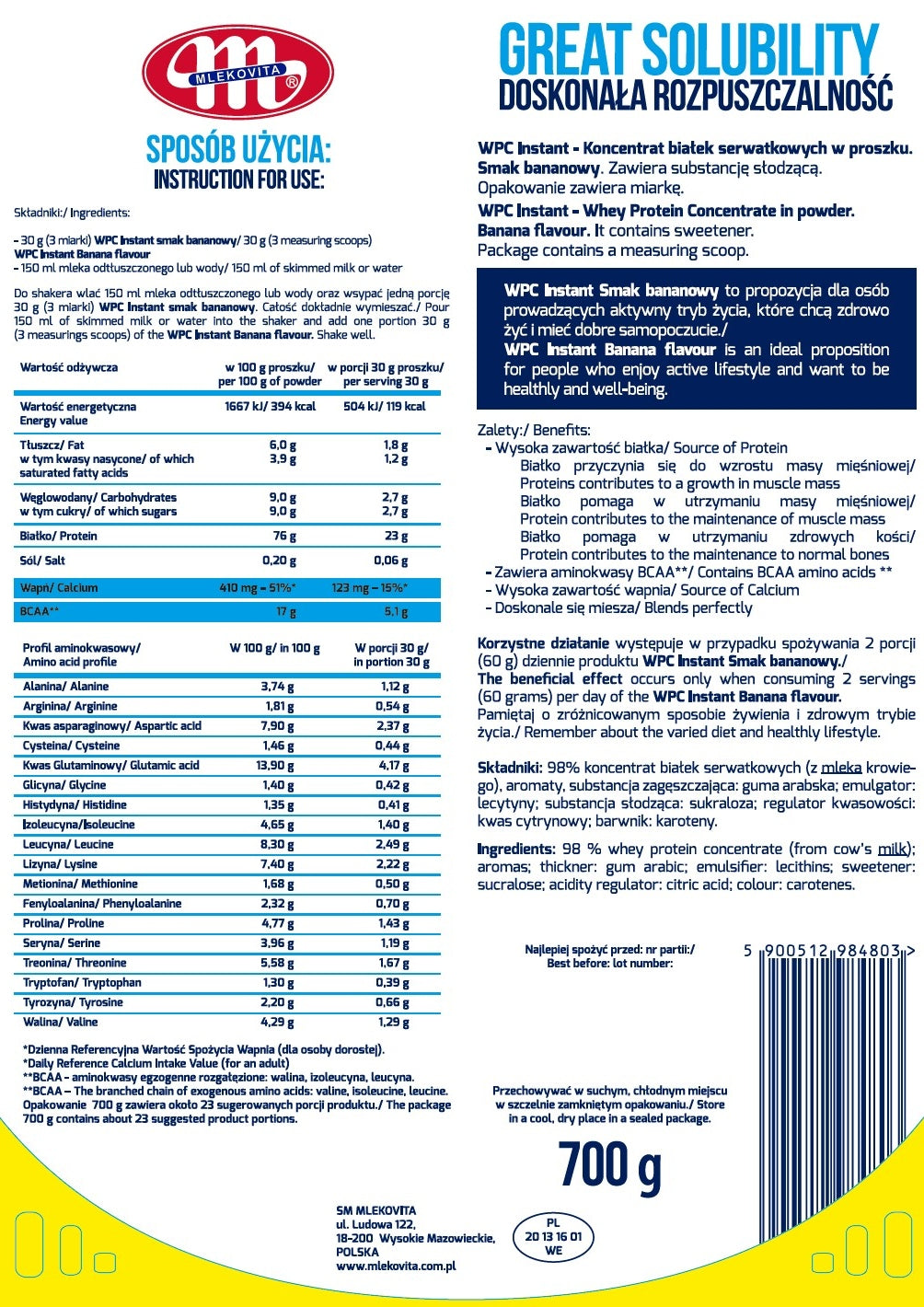 Protein supplement protein concentrate WPC banana flavour 700G Expiration date at least six months from the date of purchase
