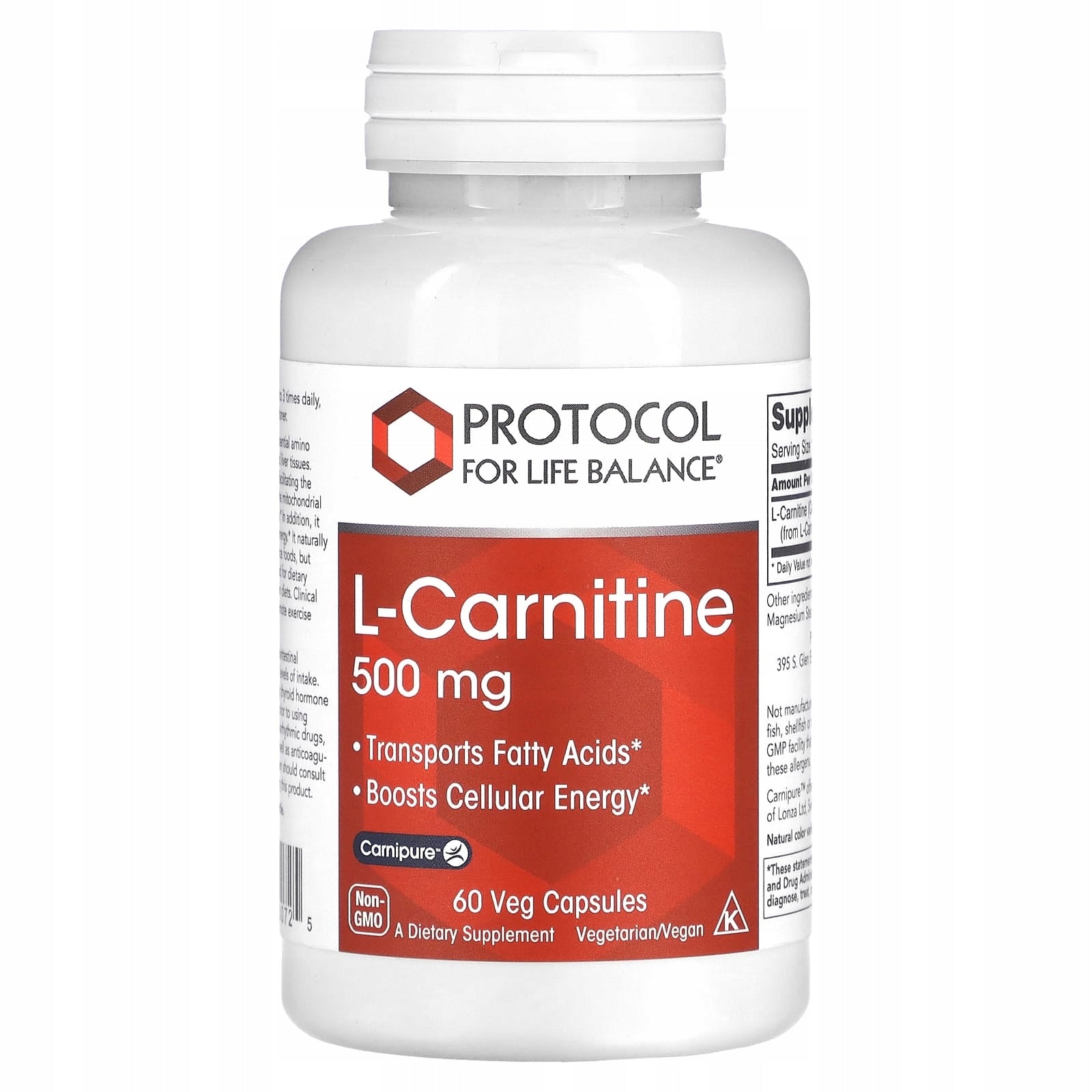 Protocol for Life Balance, L-Carnitine, 500 mg, 60 vegetable capsules