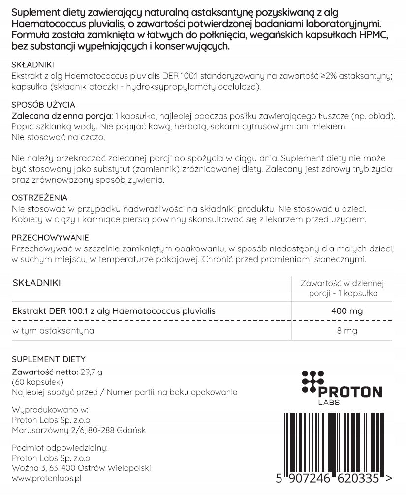 Proton Labs ASTAXANTHIN 8mg 100% Natural with ALG 60 Capsules Antioxidant Packaging status original