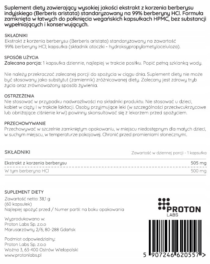 Proton Labs BERBERINE HCL PRO 99% 500mg STRONGEST Sugar Diabetes Packaging status original