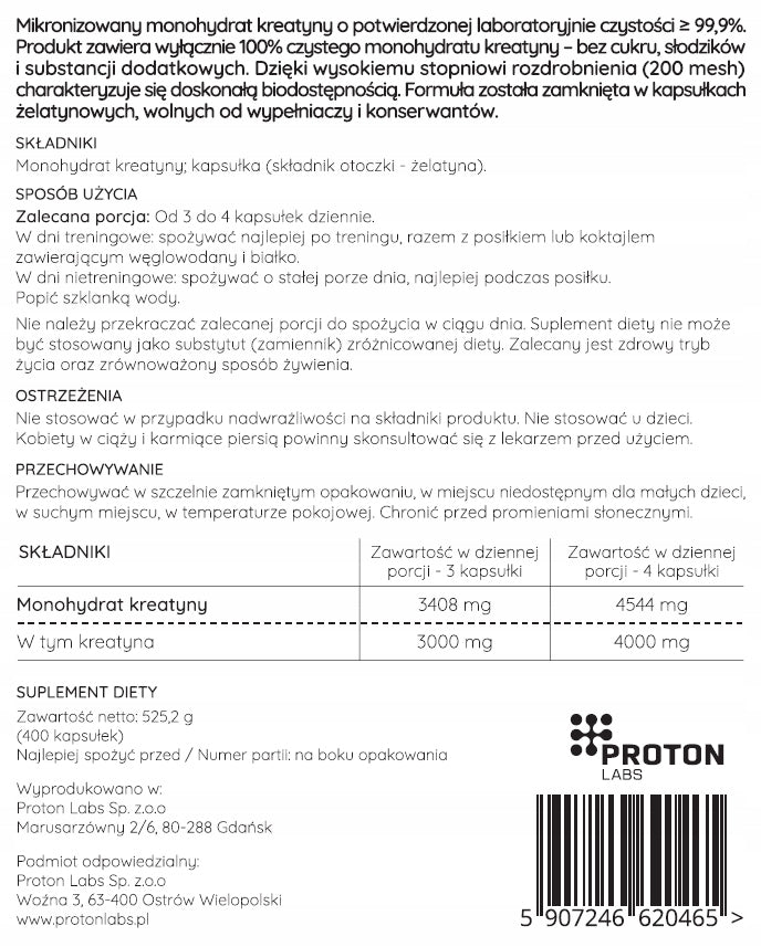 Proton Labs CREATINE MONOHYDRAT PRO Micronized 200 mesh 99,9% 400 kaps Packaging status original