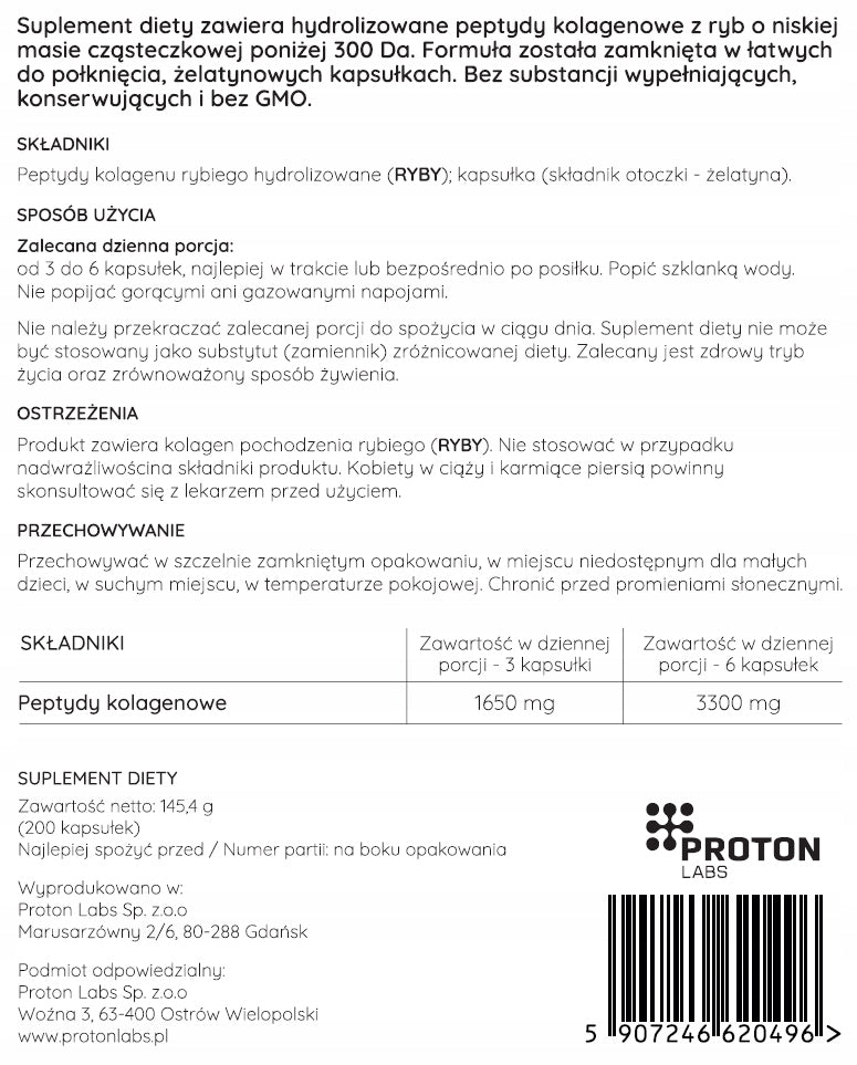 Proton Labs FISH COLLAGEN HYDROLYZED PRO 300DA Low molecular weight 200 kaps Packaging status original