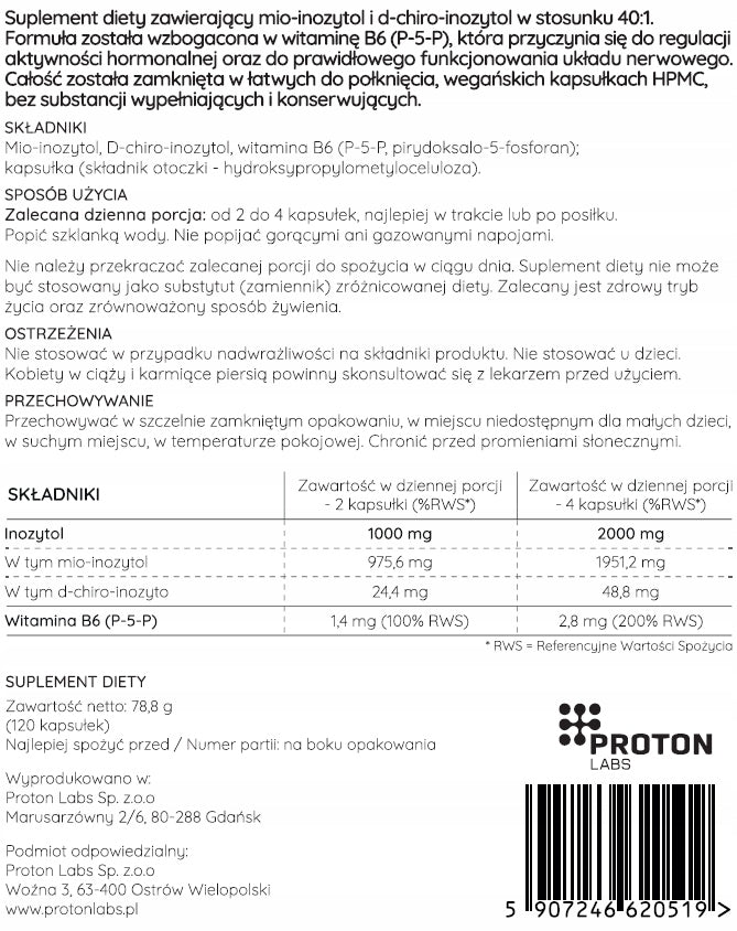 Proton Labs INOZYTOL DUO Myo & D-Chiro + wit B6 120 kaps PCOS STRESS MOOD Packaging status original