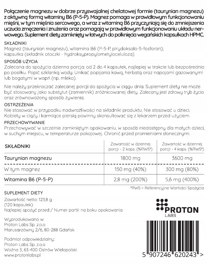 Proton Labs MAGNESIUM TAURATE 3600 mg + vit B6 P-5-P p5p 120 kaps EAN (GTIN) 5907246620243
