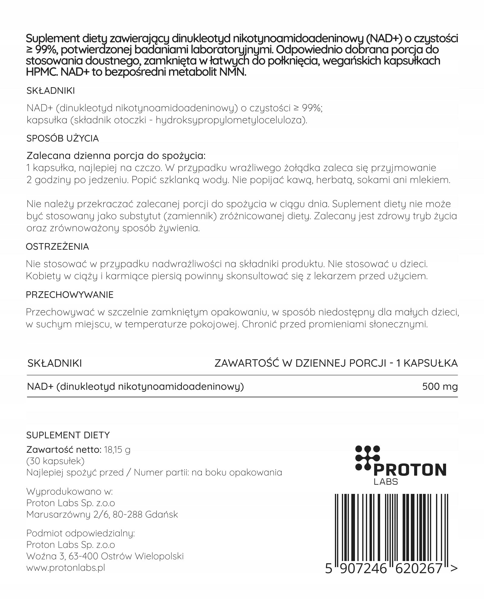 Proton Labs NAD+ 99% 500 mg Dinucleotide, NAD 30 capsules Packaging status original