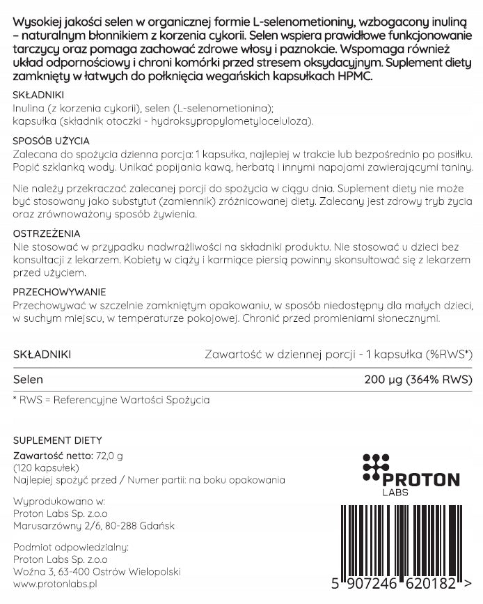 Proton Labs ORGANIC SELENIUM 200mcg Selenomethionine Thyroid Skin 120 kaps EAN (GTIN) 5907246620182