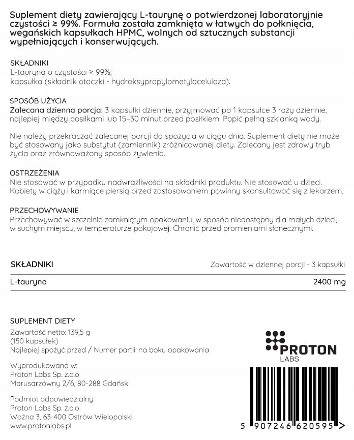 Proton Labs TAURINE L-taurine 800 mg 99%+ PURE pure without additives 150 KAPS Packaging status original