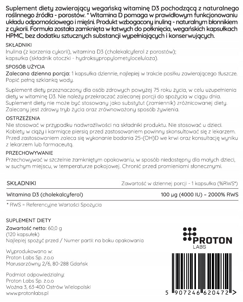 Proton Labs VITAMIN D3 FORTE 4000 IU MICRONIZED Vegetable 120 KAPS Packaging status original