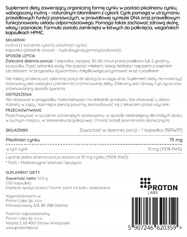 Proton Labs ZINC PICOLINATE Zinc Organic Zinc 15mg 100 KAPS Hair Skin EAN (GTIN) 5907246620359