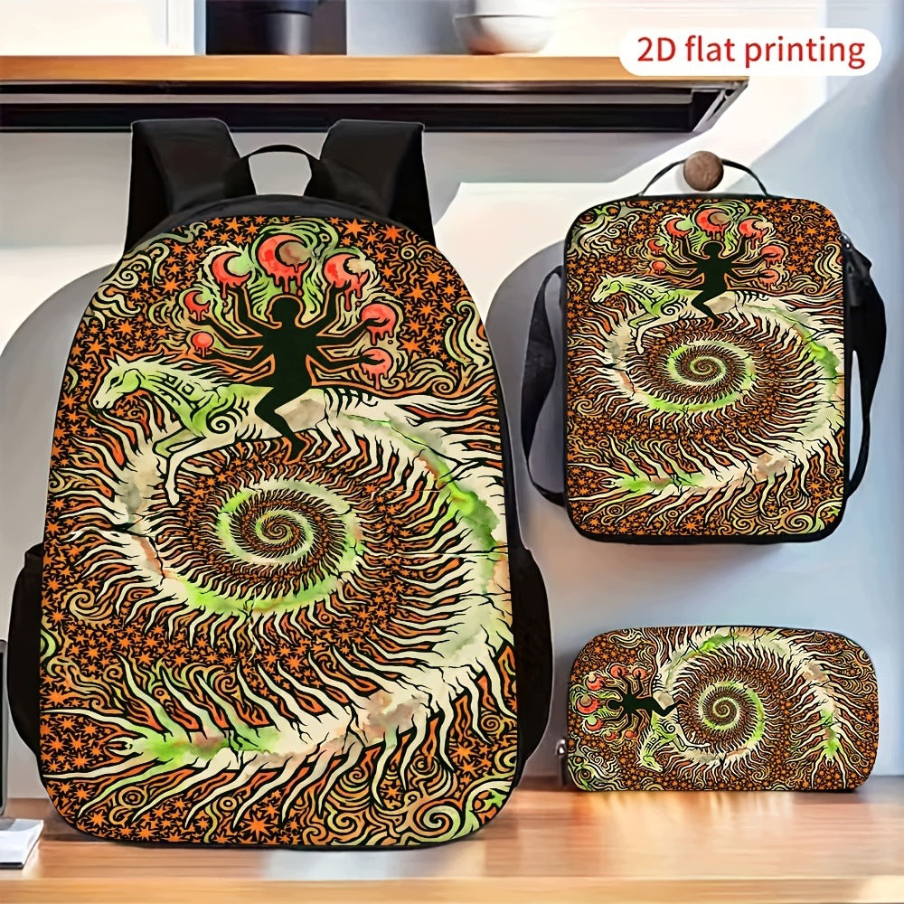 Psychedelic Abstract Spiral Art Pattern Backpack Set with Crossbody Bag