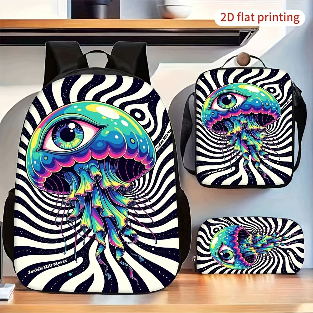 Psychedelic Colorful Jellyfish Eye Pattern Backpack Set Crossbody Bag