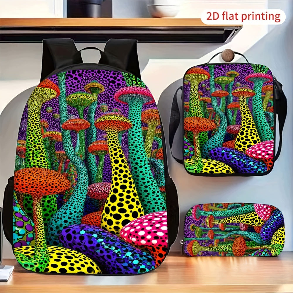 Psychedelic Colorful Polka Dot Mushroom Pattern 3-Piece Backpack Set