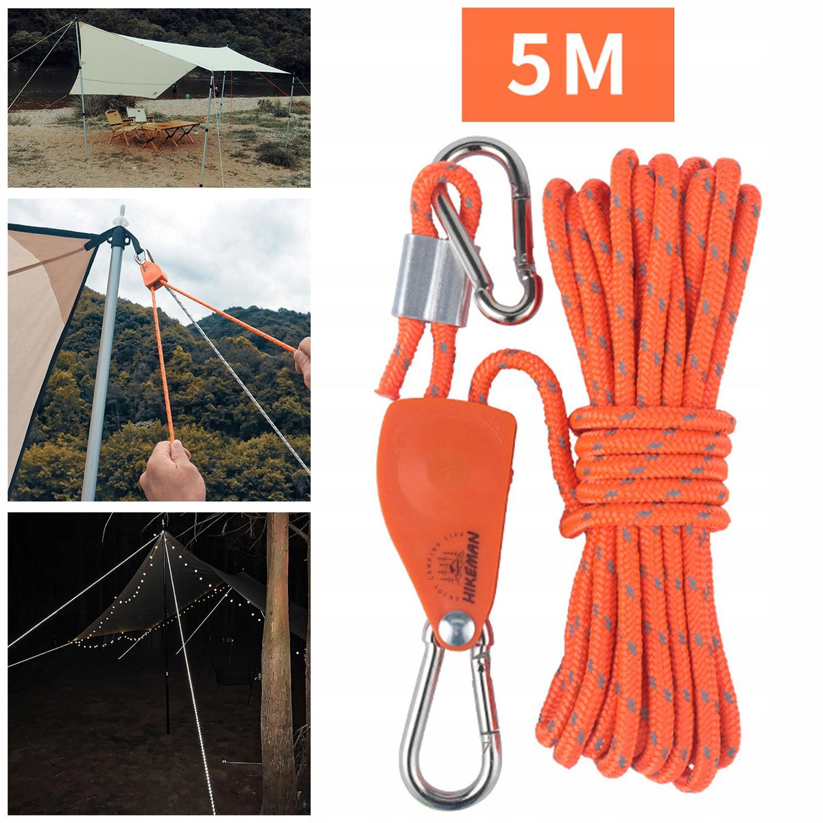 Pulley Ratchet Rope Hanger, Light Pulley Regulator Non Slip 6mm 5m Orange