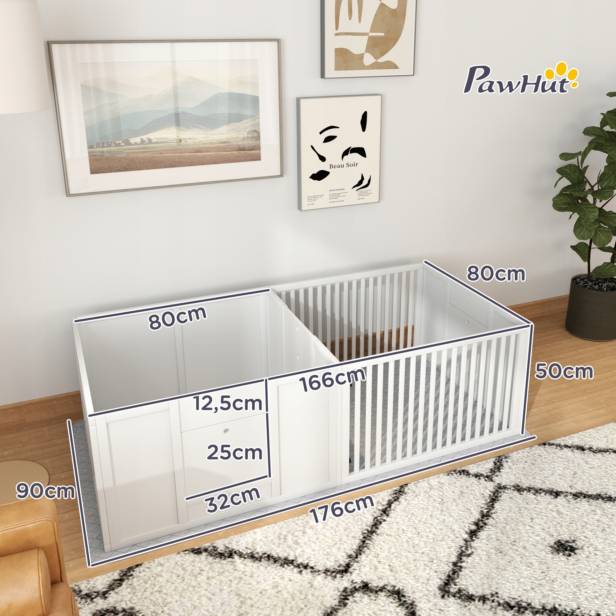Puppies Cage with Pad, Playpen, Wood, 166x80x50 cm, White Brand PawHut