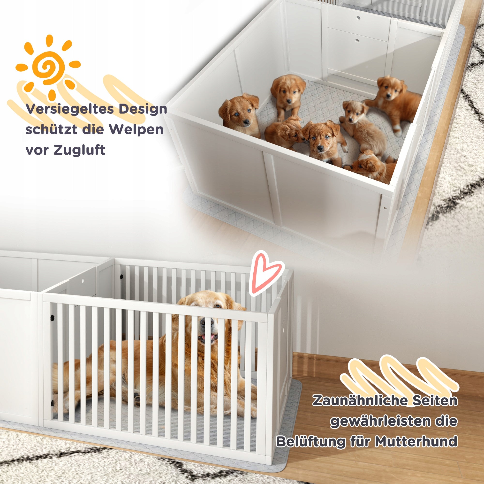 Puppies Cage with Pad, Playpen, Wood, 166x80x50 cm, White Length 166 cm