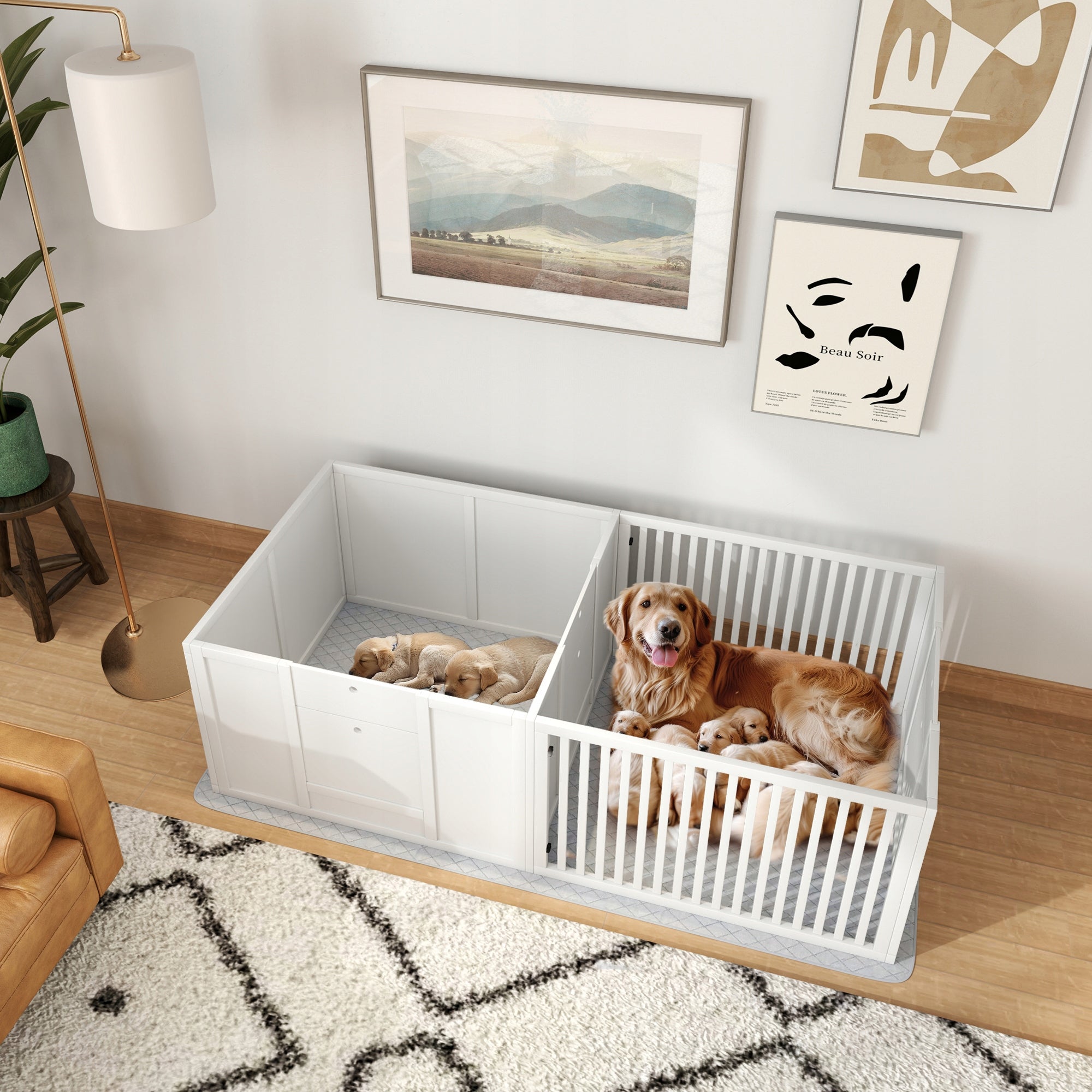 Puppies Cage with Pad, Playpen, Wood, 166x80x50 cm, White Manufacturer code PawHut