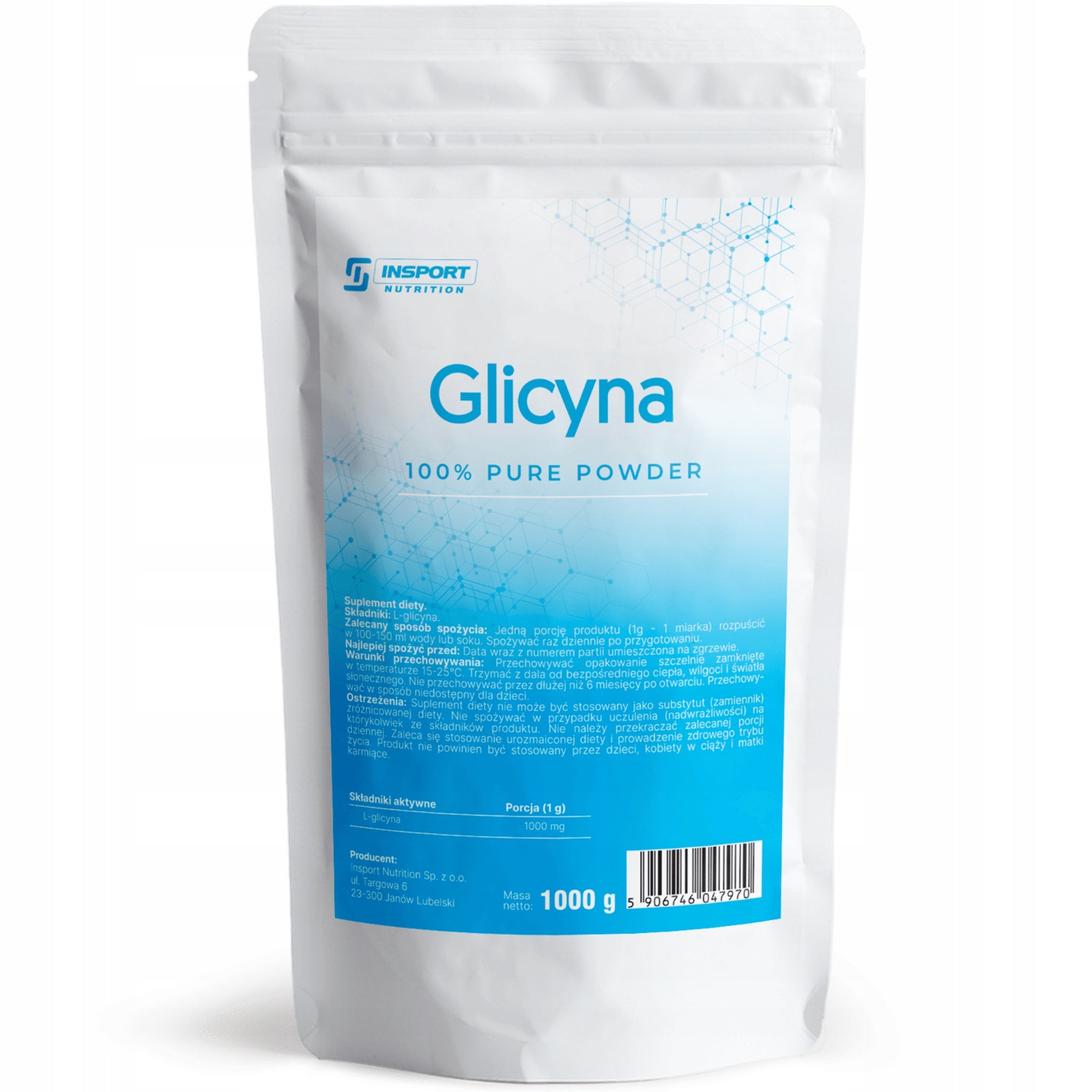 Pure GLYCINE Powder 1000mg 1kg Per SLEEP Nervous System MUSCLES | INSPORT Manufacturer code glicyna w proszku GLYCINE 1000g 1000 g