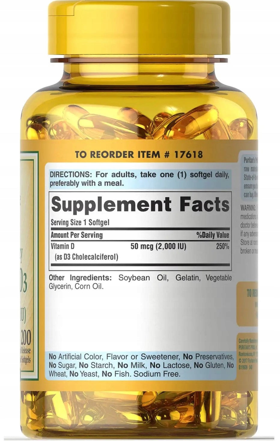 Puritans Pride Vitamin D3 2000 IU 200 softgels Expiration date at least six months from the date of purchase