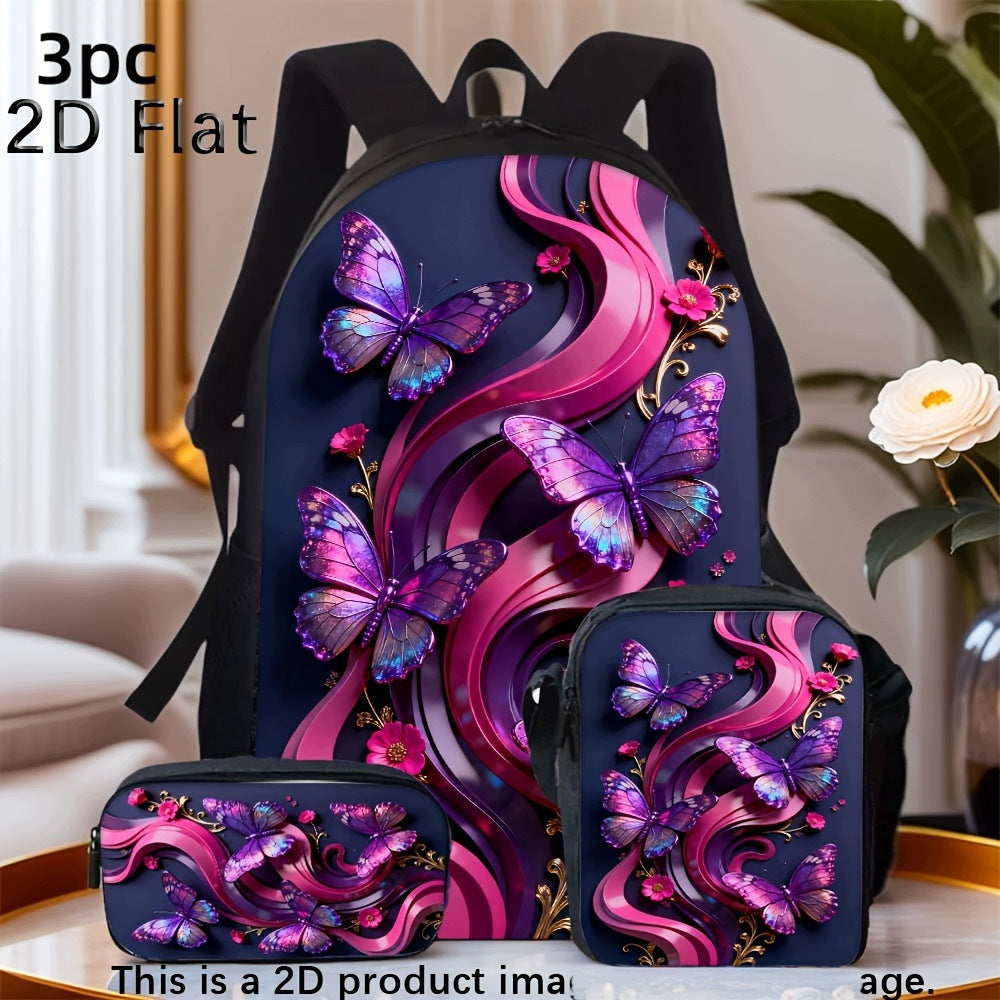 Purple Butterfly Print Backpack Set with Two Small Decorative Bags