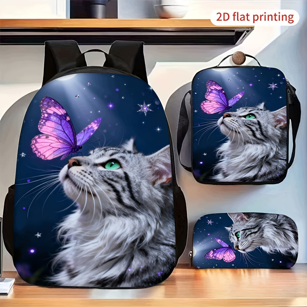 Purple Cat with Butterfly and Star Print 3-Piece Backpack Set