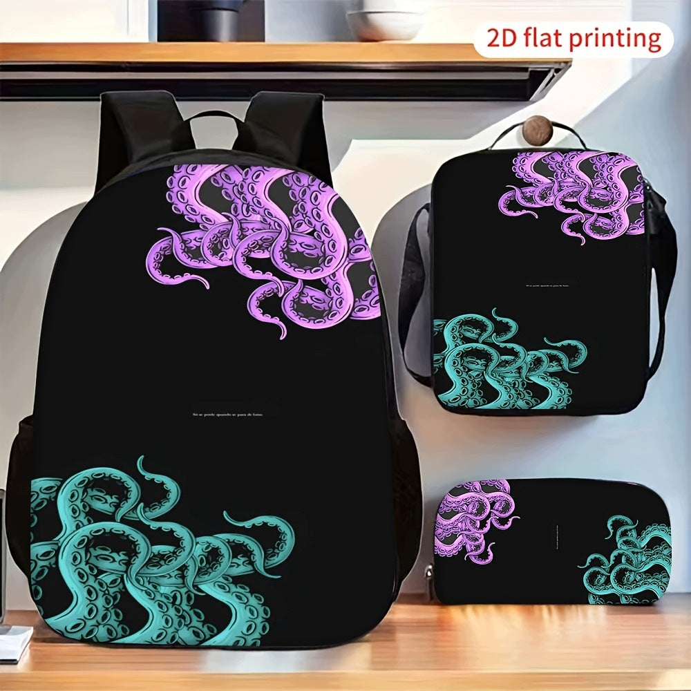 Purple Cyan Octopus Tentacles 3-Piece Backpack Set - Matching 2D Flat Bag Set