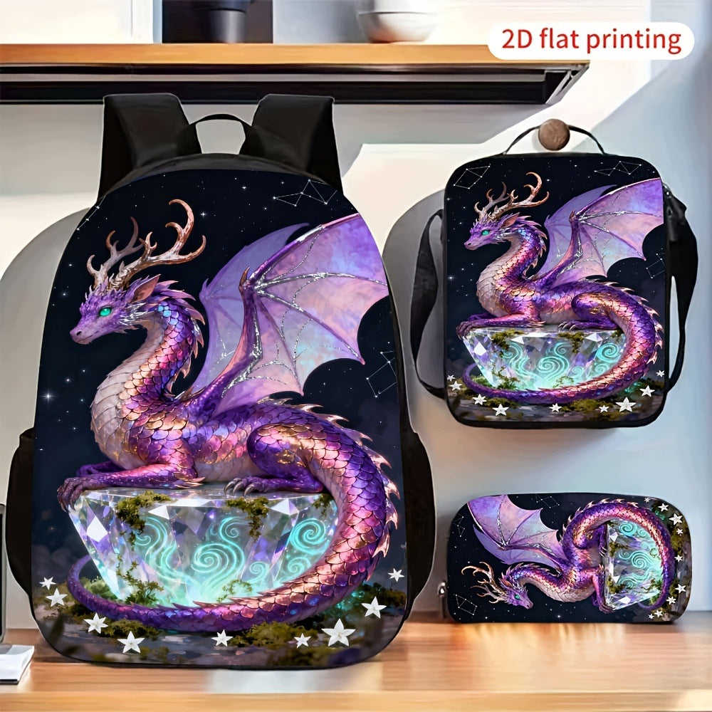 Purple Dragon Crystal Star Pattern Backpack Set with Shoulder Bag and Pencil Pouch
