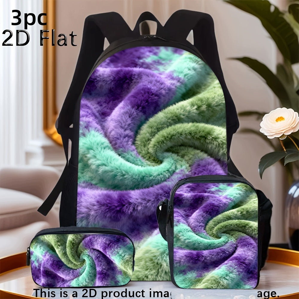 Purple Green Swirl Tie-Dye Backpack Crossbody Bag Pencil Case Set
