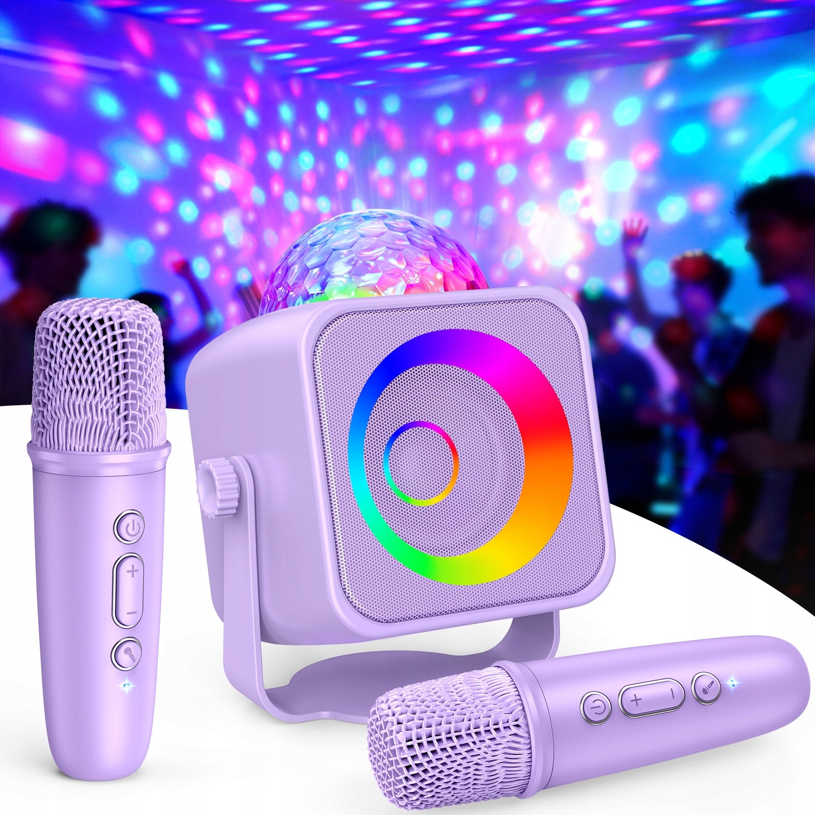 Purple Mini Karaoke Machine, Disco Set with Two Microphones
