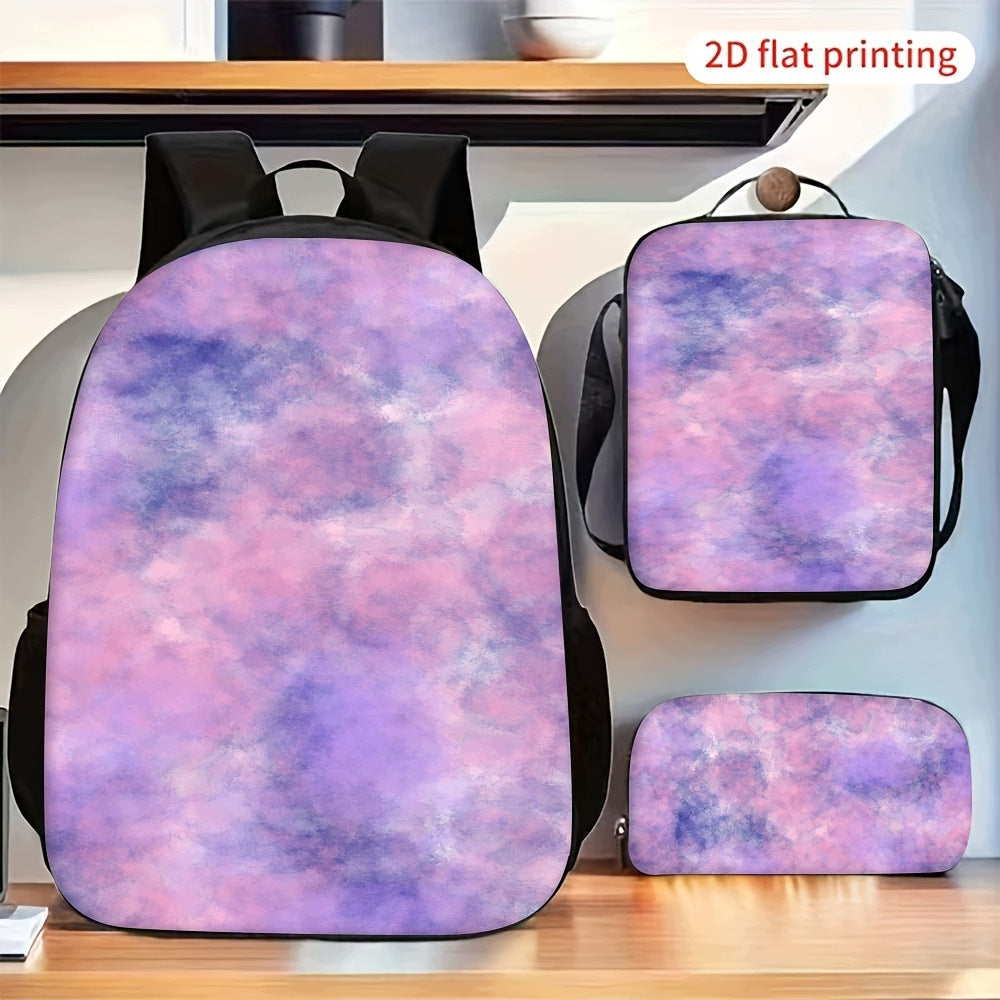Purple Pink Gradient Tie Dye 3-Piece Backpack Set: Includes Backpack, Crossbody Bag, and Pencil Case