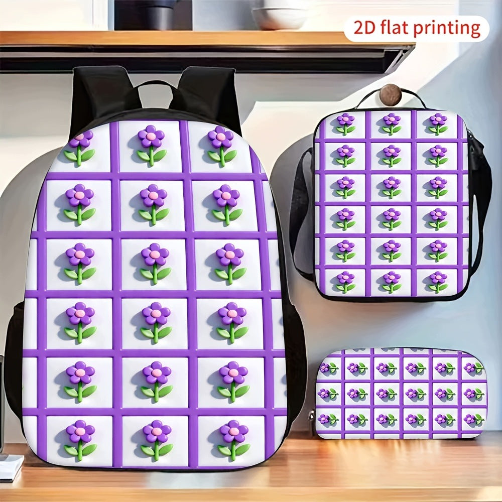 Purple Plaid Floral Print 3-Piece Backpack Set with Crossbody Bag