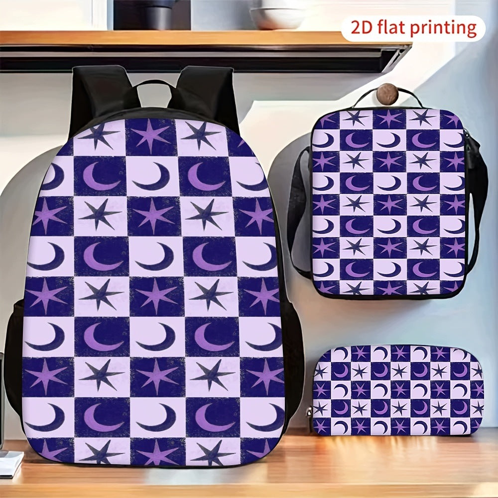 Purple Plaid Moon Star Print 3-Piece Backpack Set with Lunch Bag and Pencil Case