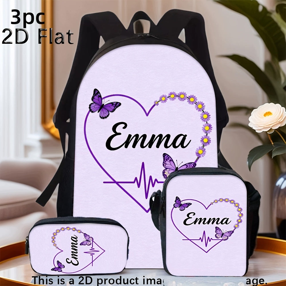 Purple Print Backpack and Crossbody Bag Set with Pencil Case