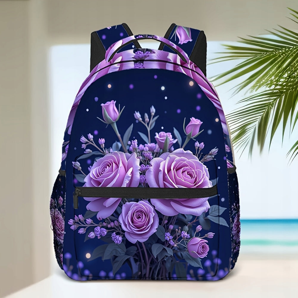 Purple Rose Patterned Backpack - Lightweight & Sturdy for Everyday Use