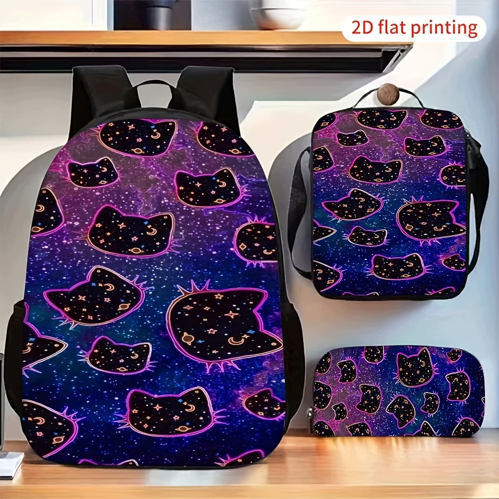 Purple Starry Sky Black Cat Print Backpack Set with Shoulder Pencil Case