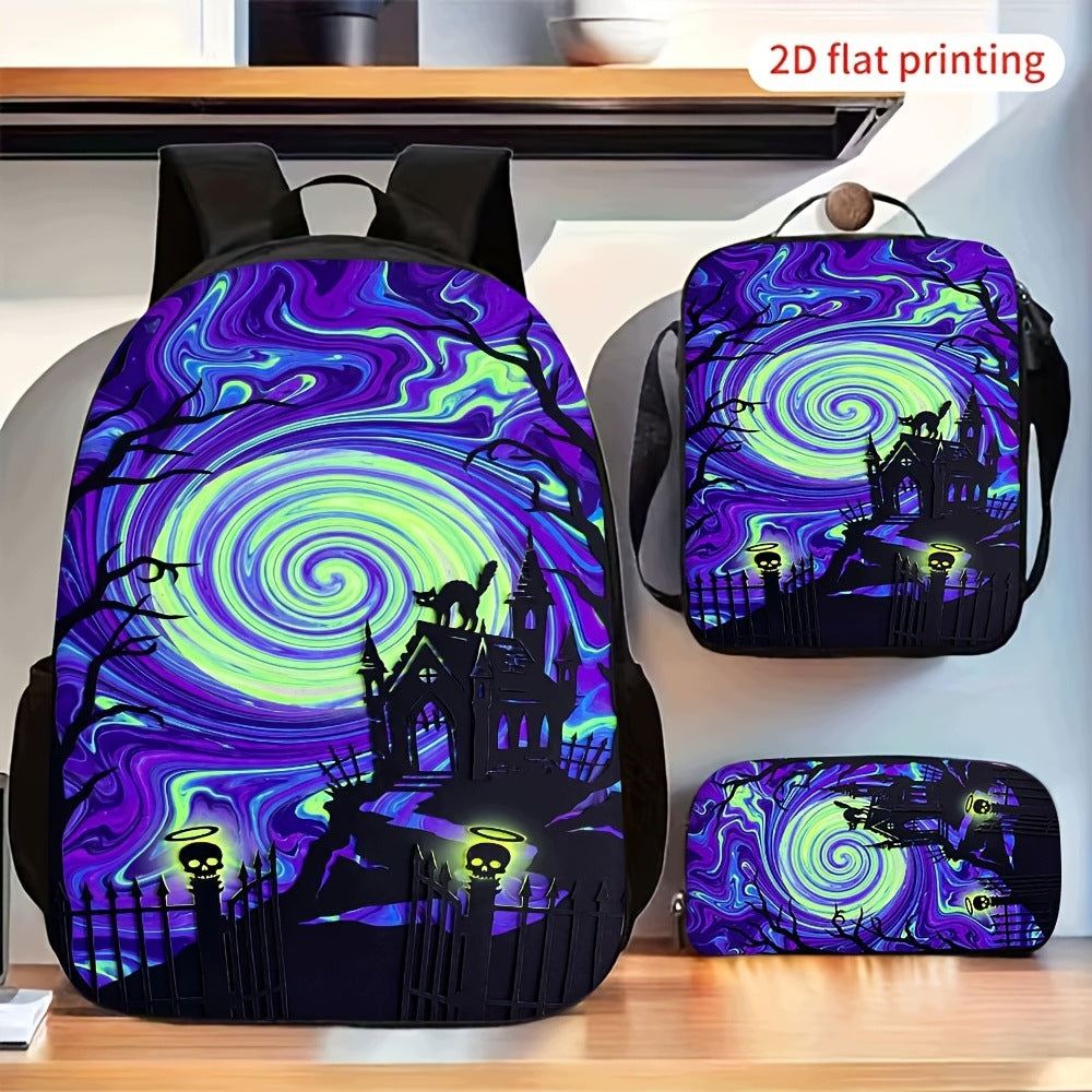 Purple Swirl Halloween Haunted House Backpack Set with Crossbody Bag