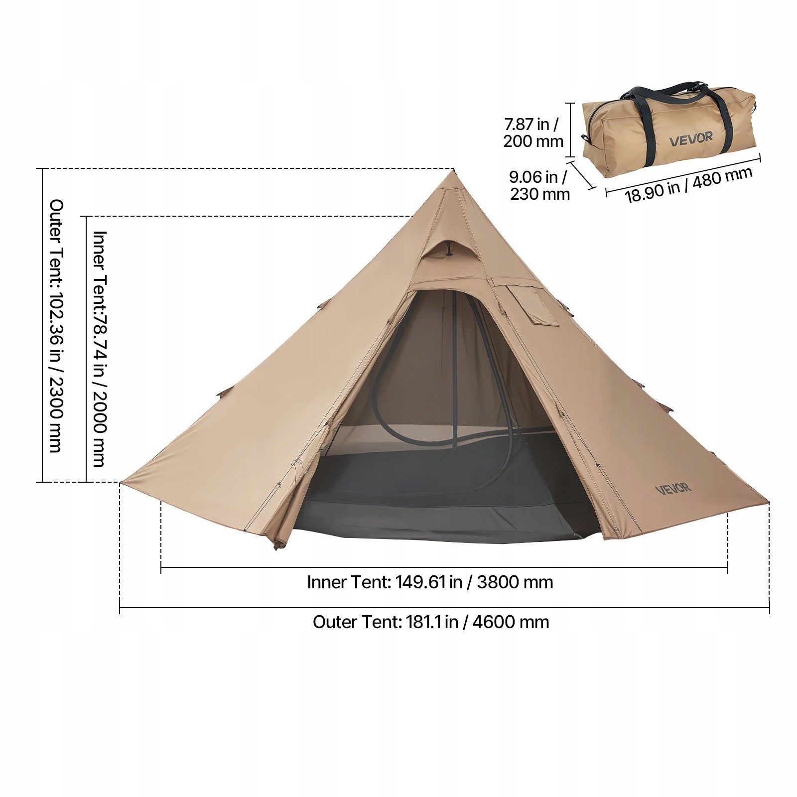 Pyramid Shaped Camping Tent For 4 Persons PU2500MM Waterproof Manufacturer code RZPJZTXH