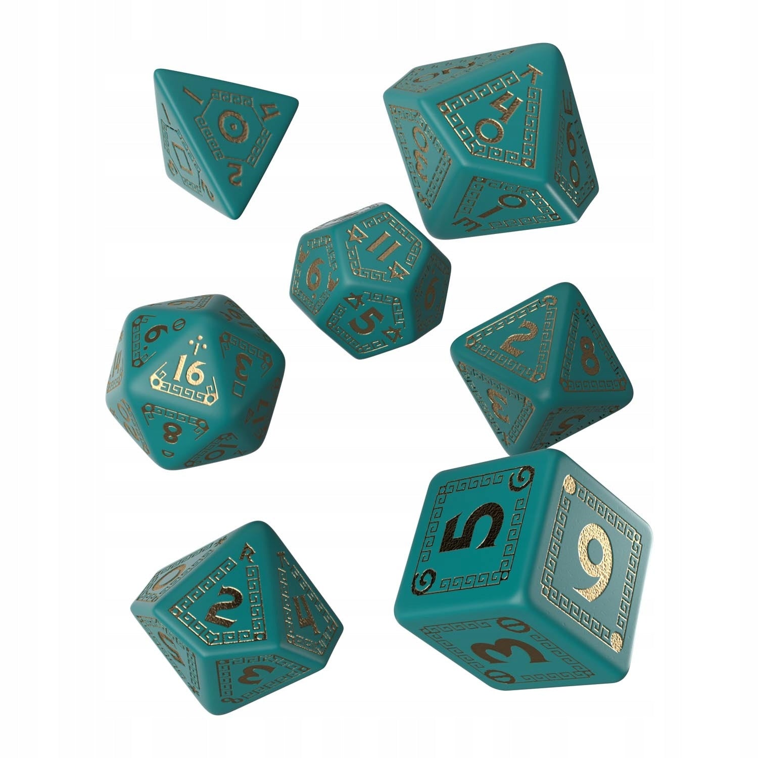 Kauliukų rinkinys Runequest turkio ir auksinės spalvos