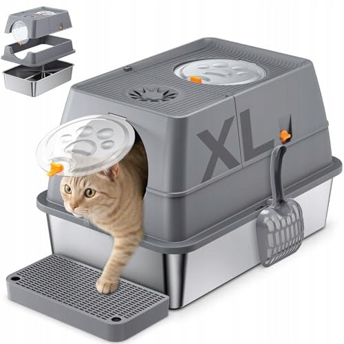 QEANY STAINLESS STEEL CAT LITTER BOX WITH LID 60 40 39 CM LITTER BOX FOR Packaging status original