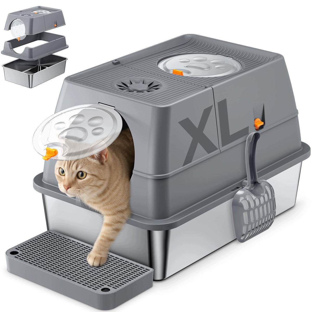 QEANY STAINLESS STEEL CAT LITTER BOX WITH LID 60 40 39 CM LITTER BOX FOR