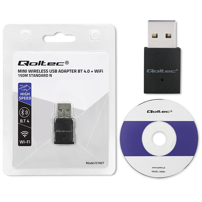 QOLTEC WIRELESS ADAPTER WI-FI STANDARD N BLUETOOTH BT 4.0 USB