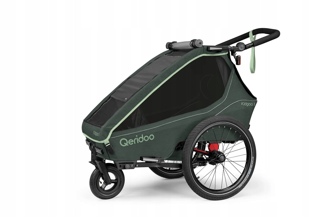 Qeridoo Kidgoo 1 Forest Green Single Bike Trailer for Kids Packaging status original