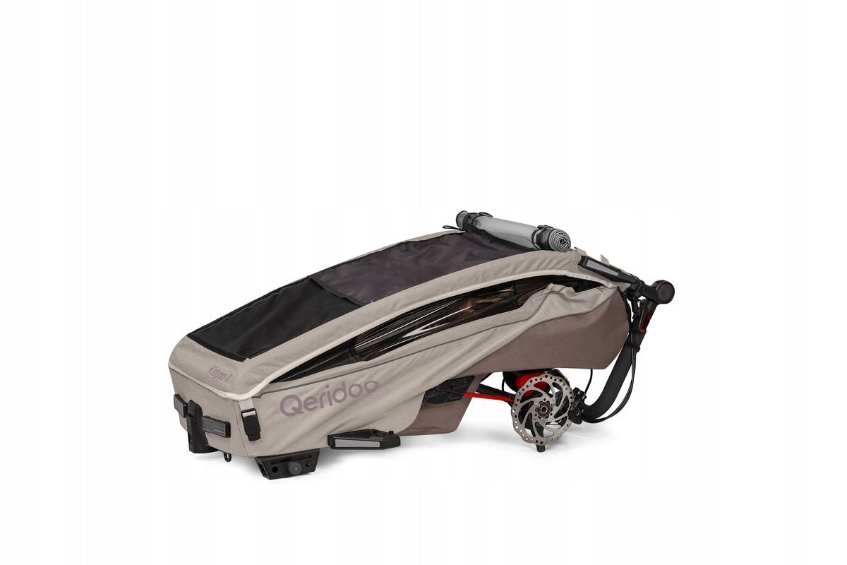 Qeridoo Kidgoo 1 Pro Gen 3 Barista Brown Single Bike Trailer Additional features shock absorption safety flag rain cover jogger function brake pockets axle-mounted mosquito net hi-vis reflectors sun visors lighting 5-point harness pumped wheels cargo space adjustable handles foldable trailer design waterproof bicycle trailer hook walking set covered
