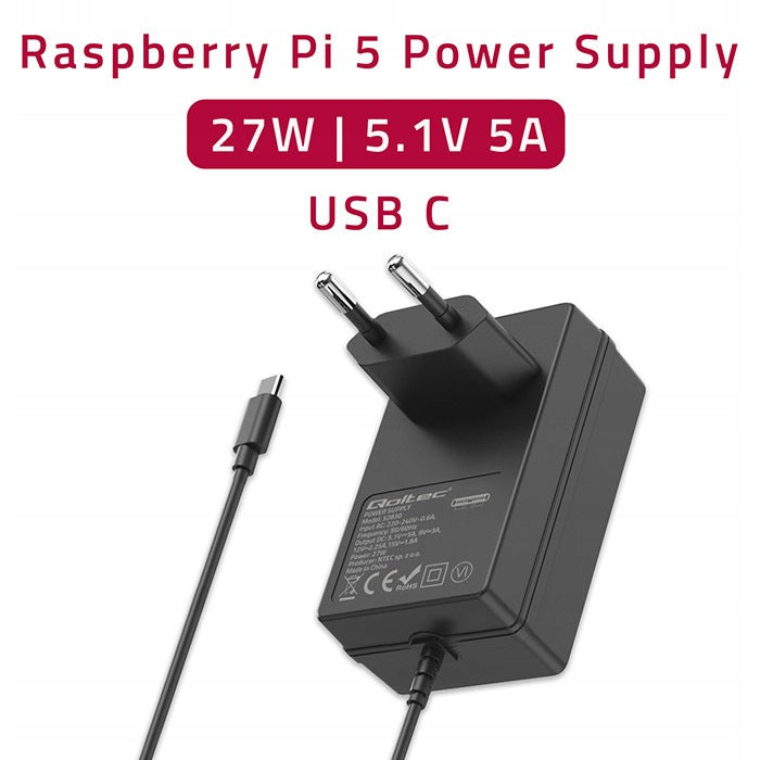 Qoltec Super FAST PD Charger for Raspberry PI 5USB-C27W5.1V Product weight with unit packaging 0.15 kg