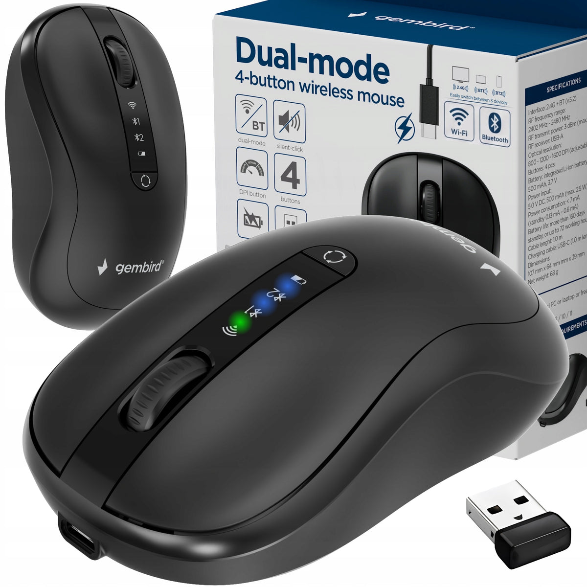 Quiet Mouse Wireless Bluetooth USB-wifi For Work and Office 3 DEVICES Manufacturer code MUSW2-4B-01
