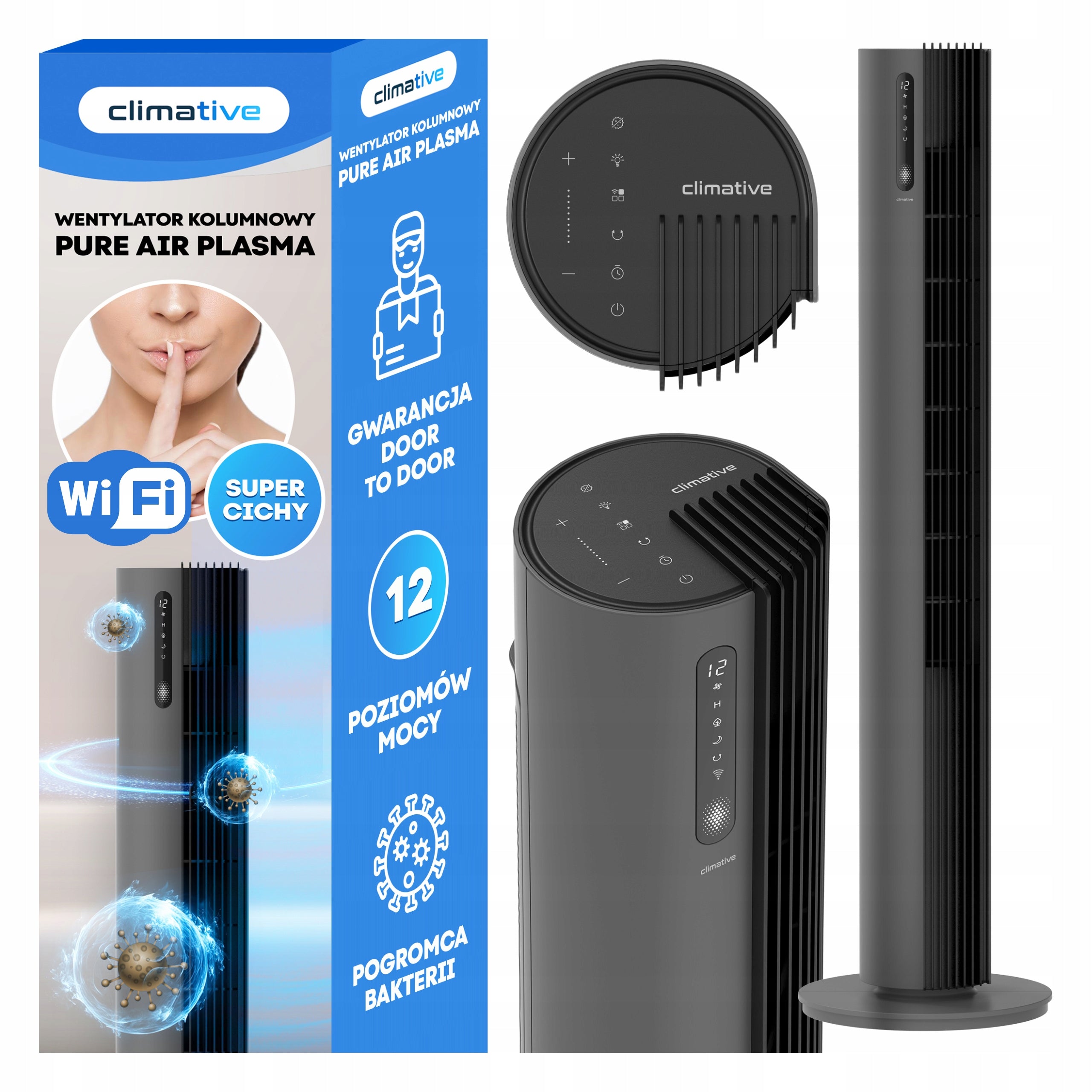 Quiet WIFI Column Fan 12 Levels PURE Plasma Ionization Black XL