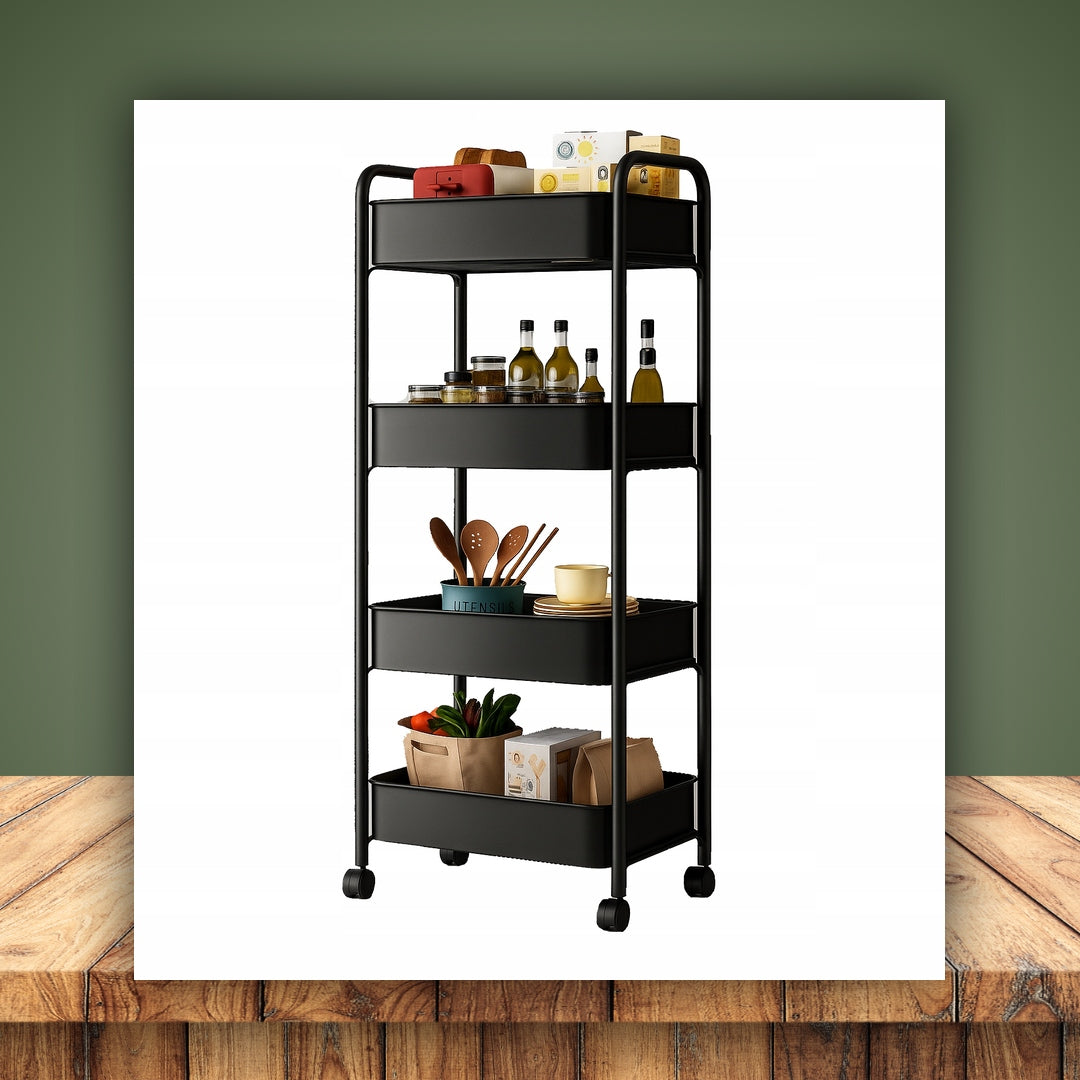 RACK ON WHEELS 4 LEVELS BLACK BATHROOM KITCHEN PP 92CM Manufacturer code PÓŁKA CZARNA